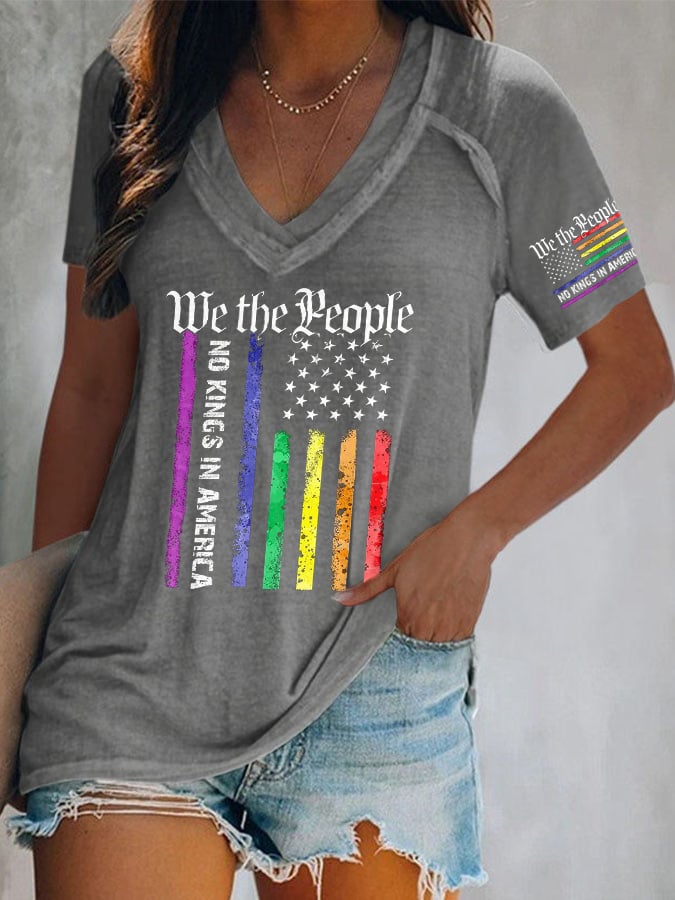 V-Neck Retro We The People No Kings In America Print T-Shirt