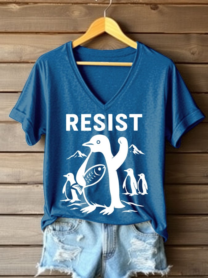 Women's Penguins Resist Printed V Neck T-shirt