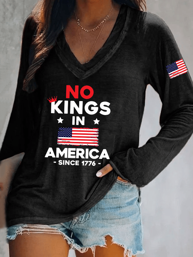 Women's No King In America Print V-Neck T-Shirt