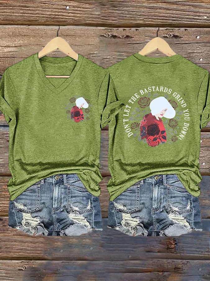 V-Neck Retro Don't Let The Bastards Grind You Down Print T-Shirt