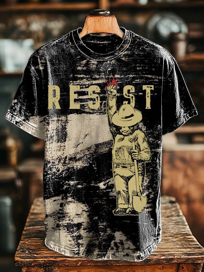Men's Vintage Resist Bear Printed Round Neck T-Shirt