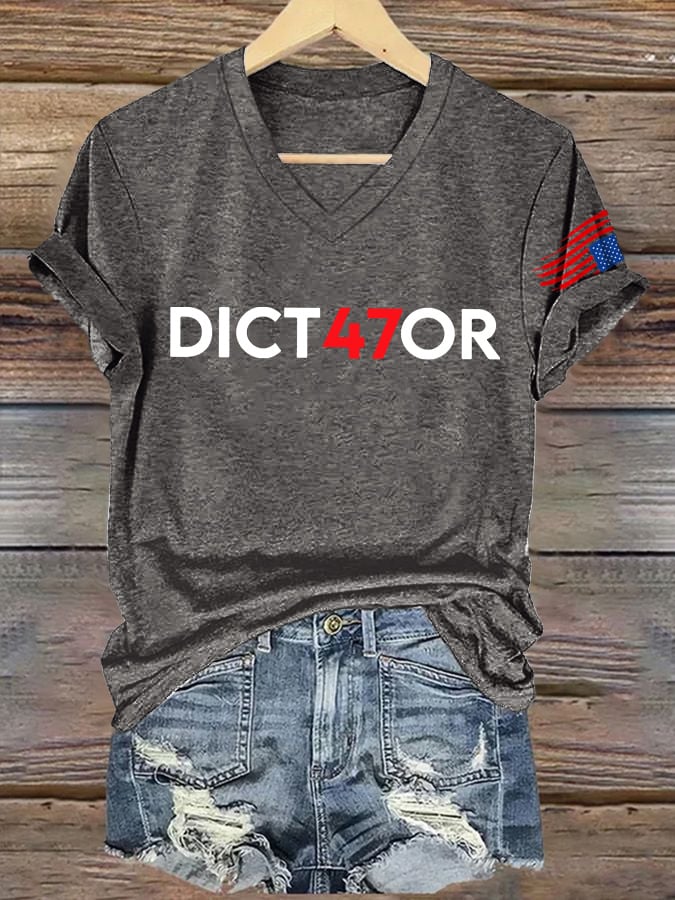 V-Neck Retro Dict47or Print T-shirt