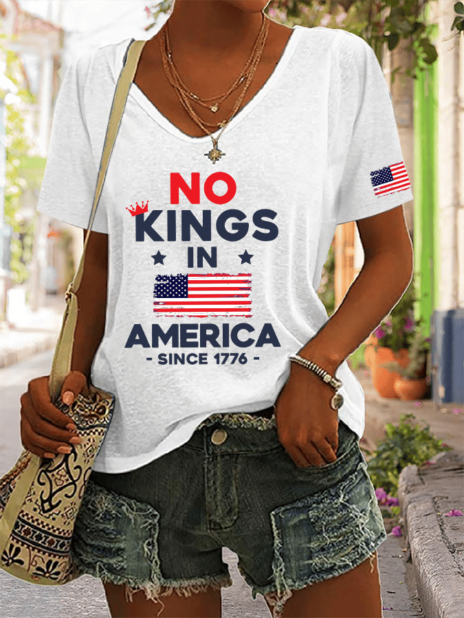 Women's No King In America Printed V-Neck T-Shirt