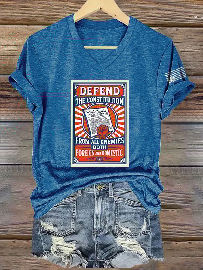 V-Neck Retro Defend The Constitution From All Enemies Both Foreign And Domestic Print T-Shirt