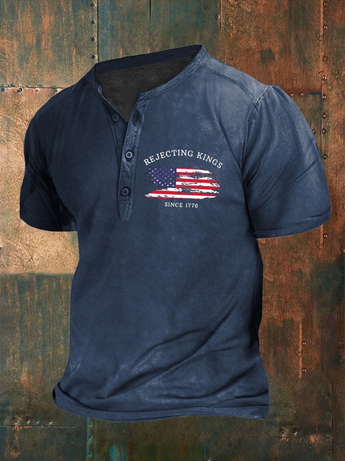 Men'S Rejecting Kings Since 1776 Print Henley Collar Top