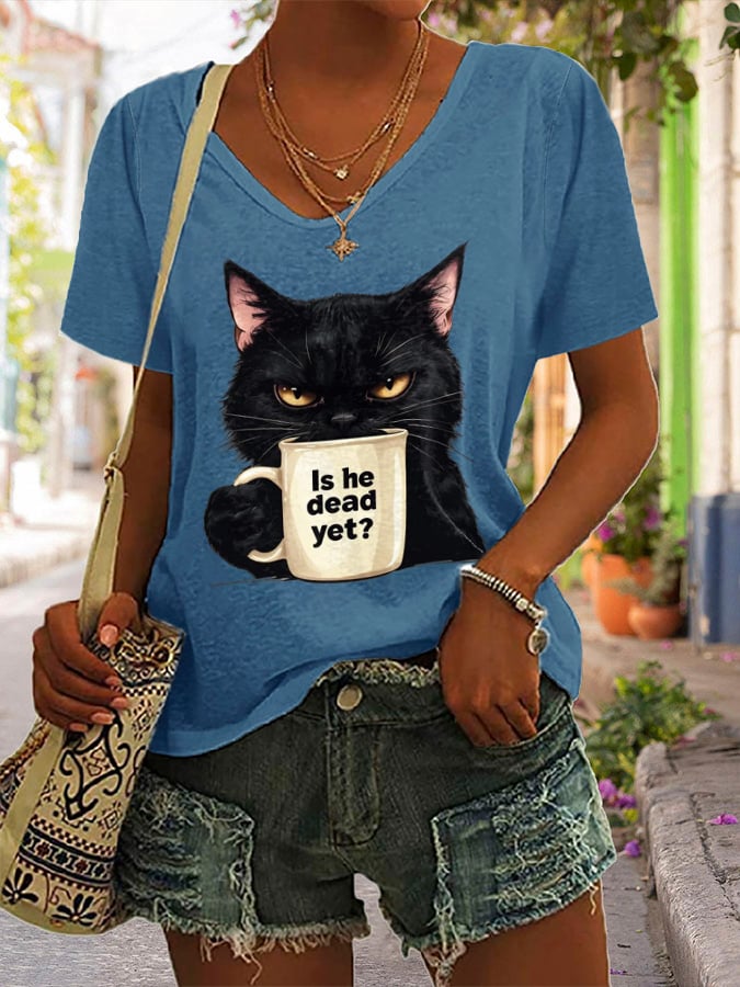 Women's Casual Cat Cotton Multicolor T-shirt