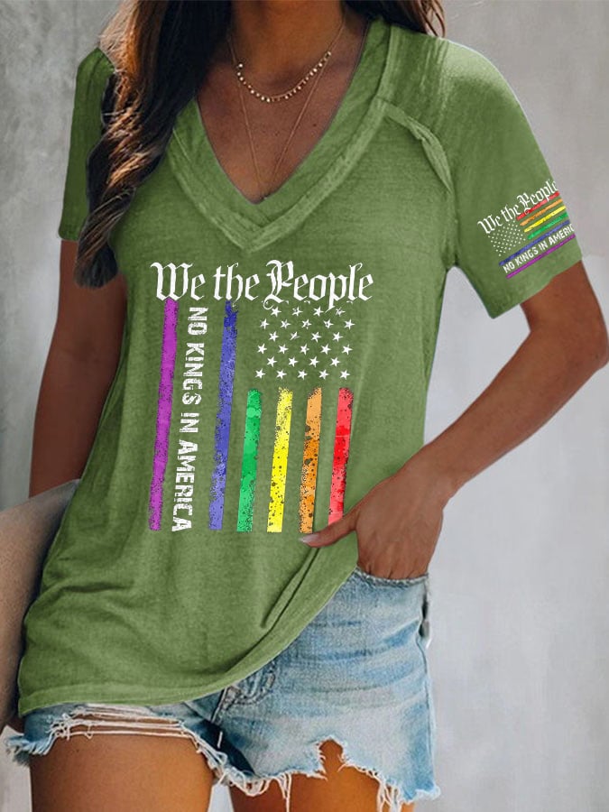 V-Neck Retro We The People No Kings In America Print T-Shirt