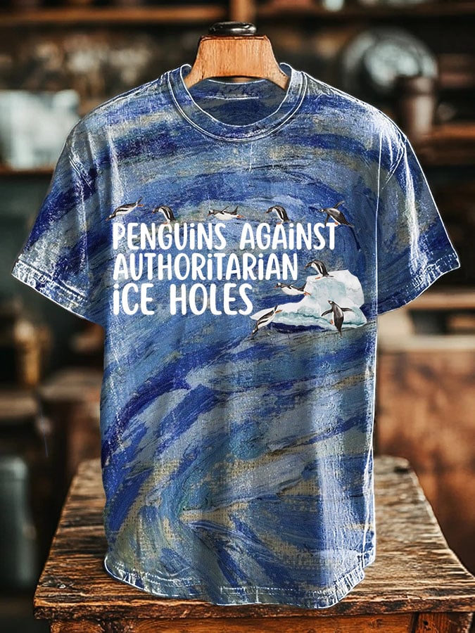 Men's Vintage Penguins Against Authoritarian Ice Holes Printed Round Neck T-Shirt