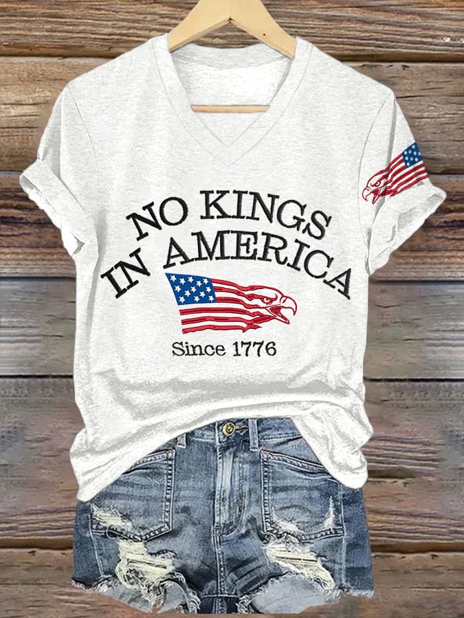 V-neck Retro No Kings In America Since 1776 Print T-Shirt