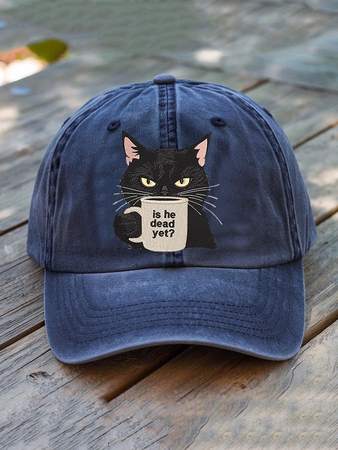 Unisex Washed Cotton Black Cat Is He Dead? Embroidered Hat