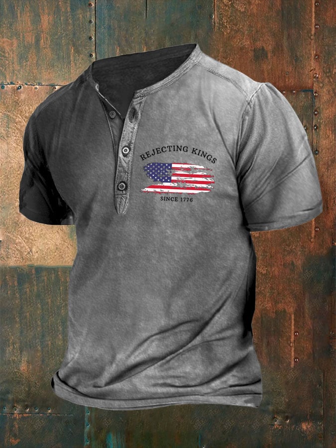 Men'S Rejecting Kings Since 1776 Print Henley Collar Top