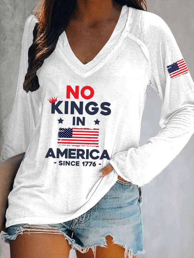 Women's No King In America Print V-Neck T-Shirt
