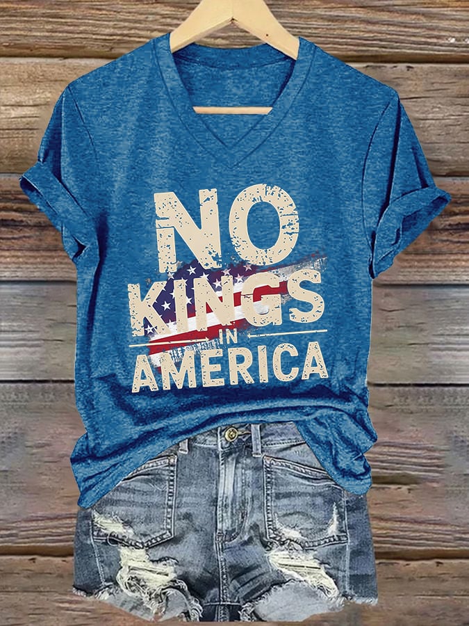 V-neck Retro No Kings In America Print T-Shirt