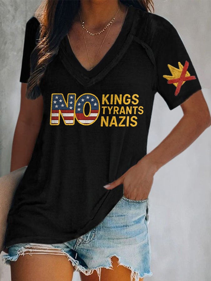 V-Neck Retro No Kings No Tyrants No Nazis Print T-Shirt