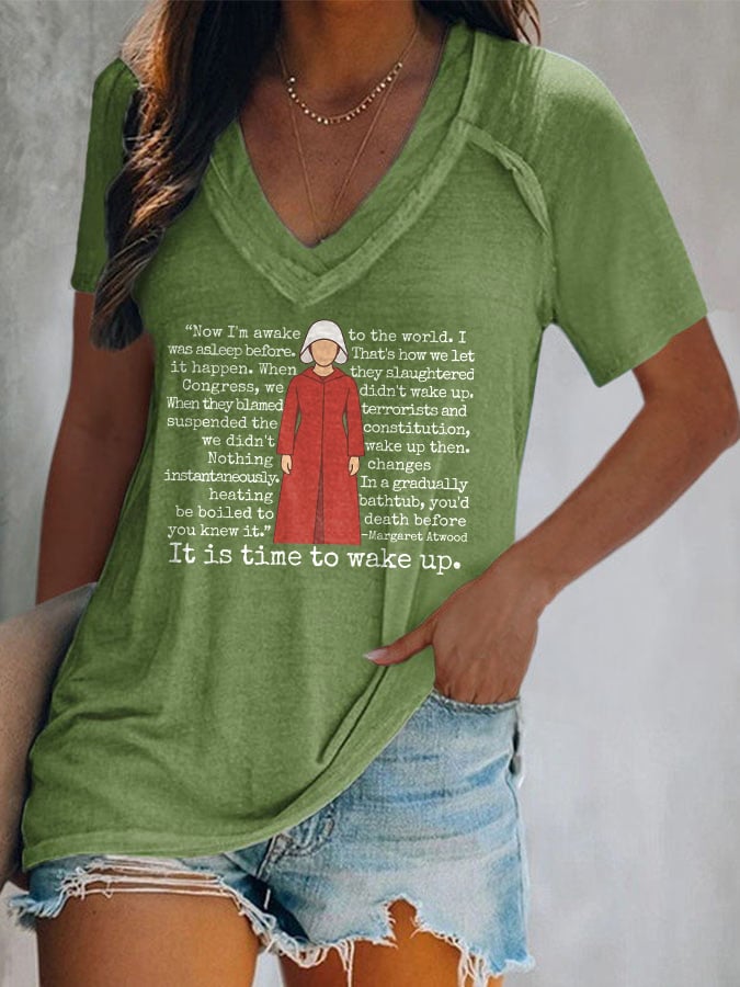 V-Neck Retro It Is Time To Wake Up Print T-Shirt