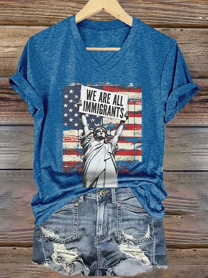 V-Neck Retro We Are All Immigrants Print T-Shirt