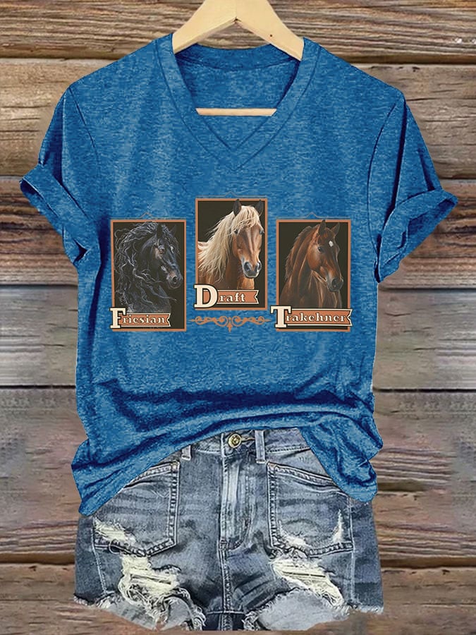Women's casual fashion FDT horse print T-shirt