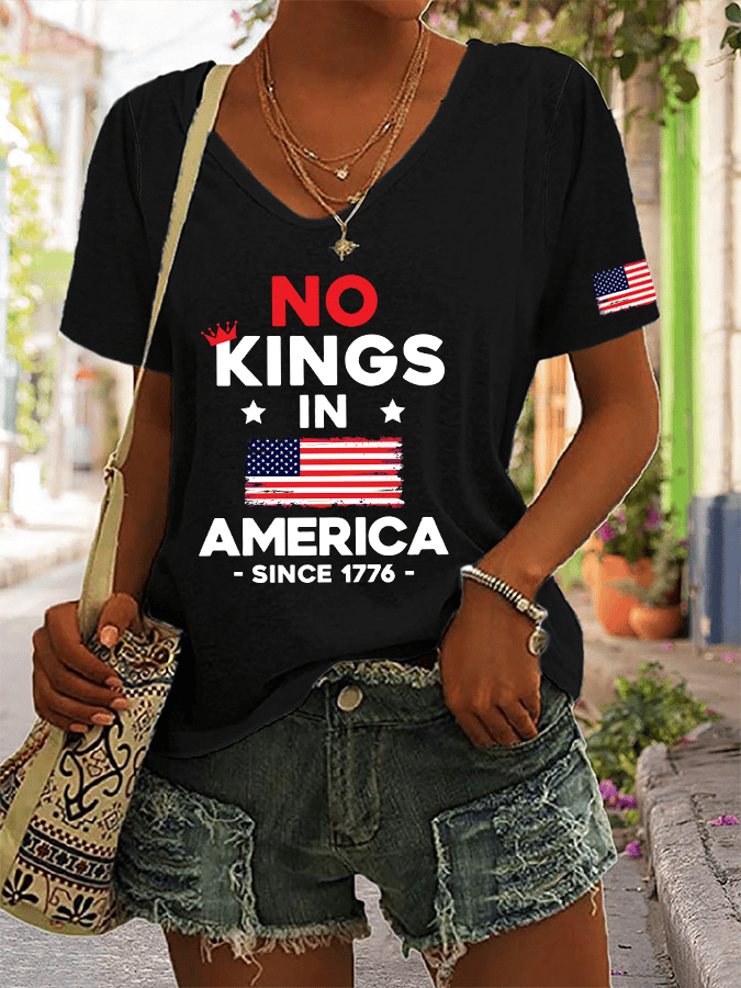 Women's No King In America Printed V-Neck T-Shirt