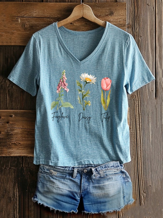 Women's Casual Fashion Floral Fdt Print T-Shirt