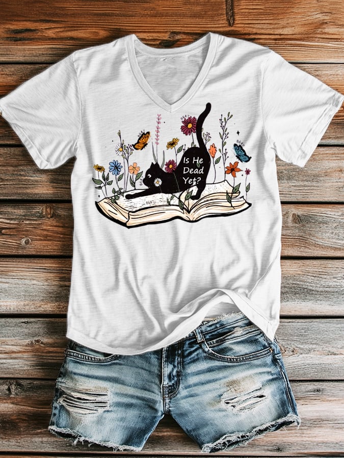 Women's casual fashion FDT cat V-neck T-shirt