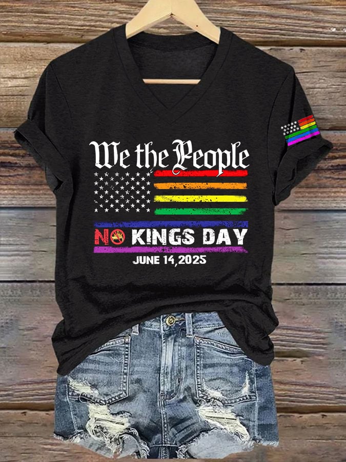 V-Neck Retro We The People No Kings Day June 14, 2025 Print T-Shirt