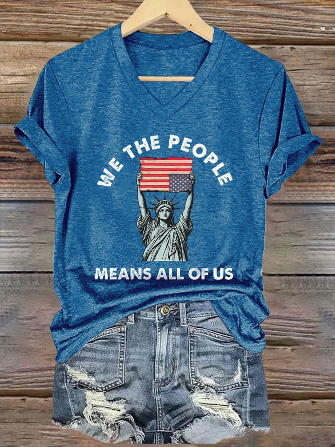 V-Neck Retro We The People Means All Of Us Print T-Shirt
