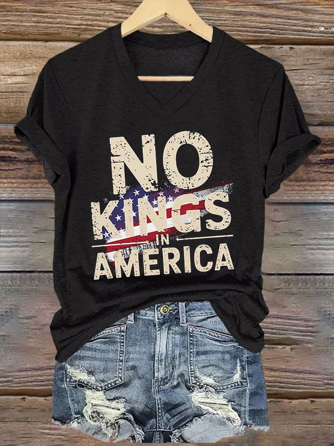 V-neck Retro No Kings In America Print T-Shirt
