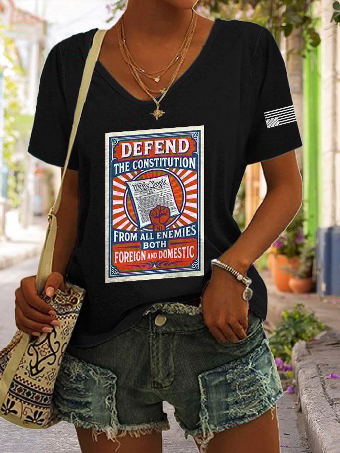 V-Neck Retro Defend The Constitution From All Enemies Both Foreign And Domestic Print T-Shirt