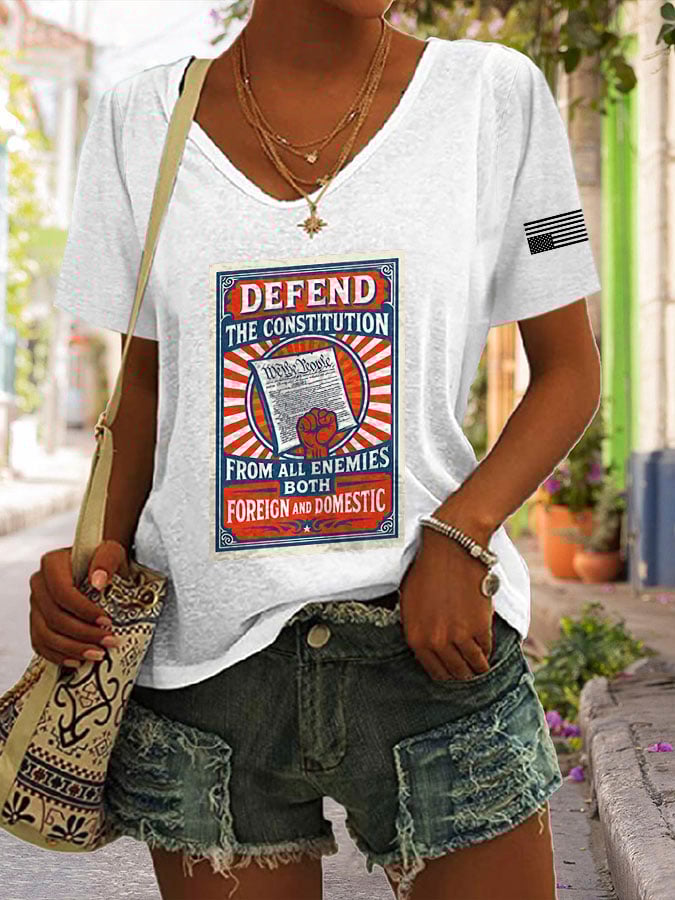 V-Neck Retro Defend The Constitution From All Enemies Both Foreign And Domestic Print T-Shirt