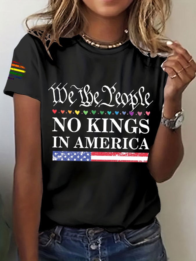 Women's FDT Rainbow Heart Flag We The People  No Kings In America Printed Round Neck T-Shirt
