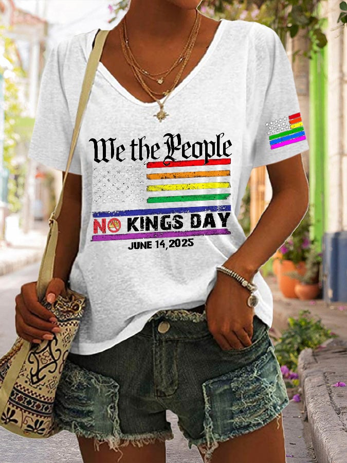 V-neck We The People No Kings Day June 14, 2025 Print T-shirt
