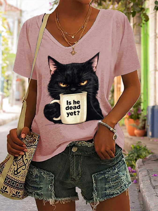 Women's Casual Cat Cotton Multicolor T-shirt