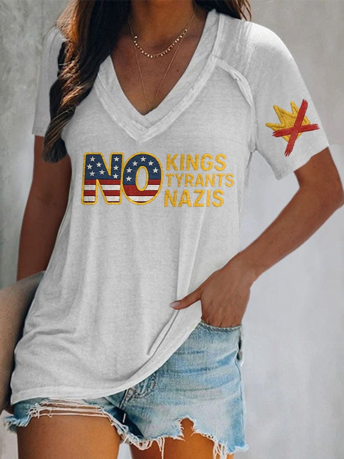 V-Neck Retro No Kings No Tyrants No Nazis Print T-Shirt
