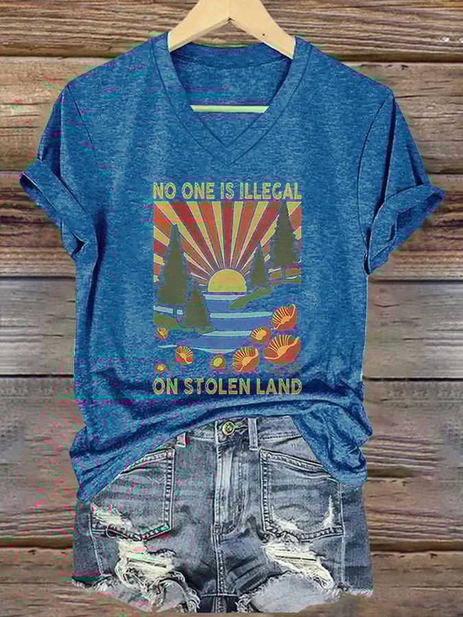 Women's No One Is Illegal On Stolen Land Print Casual T-Shirt