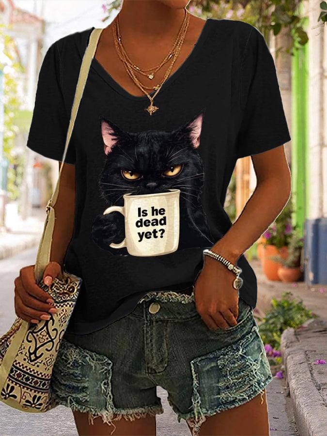 Women's Casual Cat Cotton Multicolor T-shirt