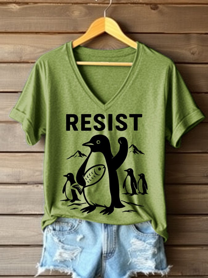 Women's Penguins Resist Printed V Neck T-shirt
