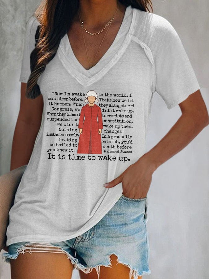 V-Neck Retro It Is Time To Wake Up Print T-Shirt