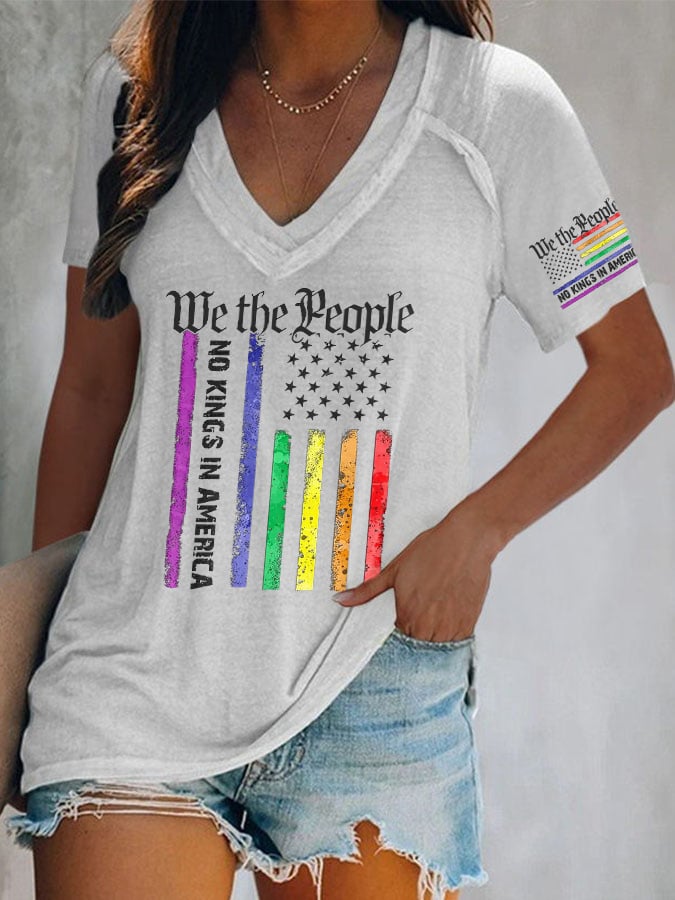 V-Neck Retro We The People No Kings In America Print T-Shirt
