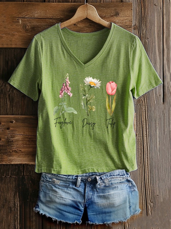 Women's Casual Fashion Floral Fdt Print T-Shirt