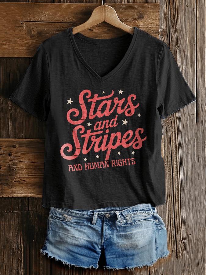 Women's Fashion Casual Stars And Stripes Human Rights Protest Print T-Shirt