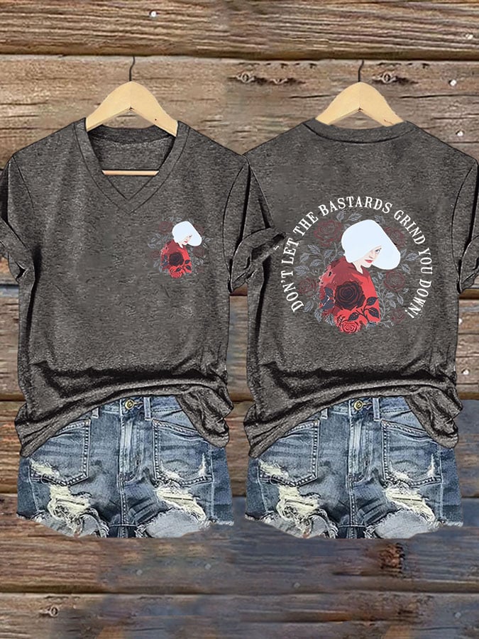 V-Neck Retro Don't Let The Bastards Grind You Down Print T-Shirt