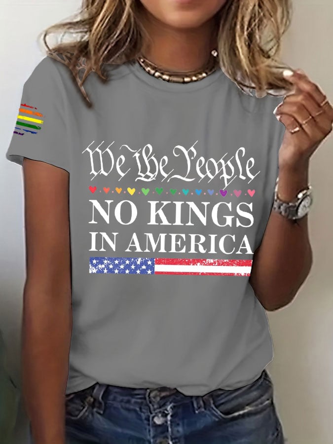Women's FDT Rainbow Heart Flag We The People  No Kings In America Printed Round Neck T-Shirt