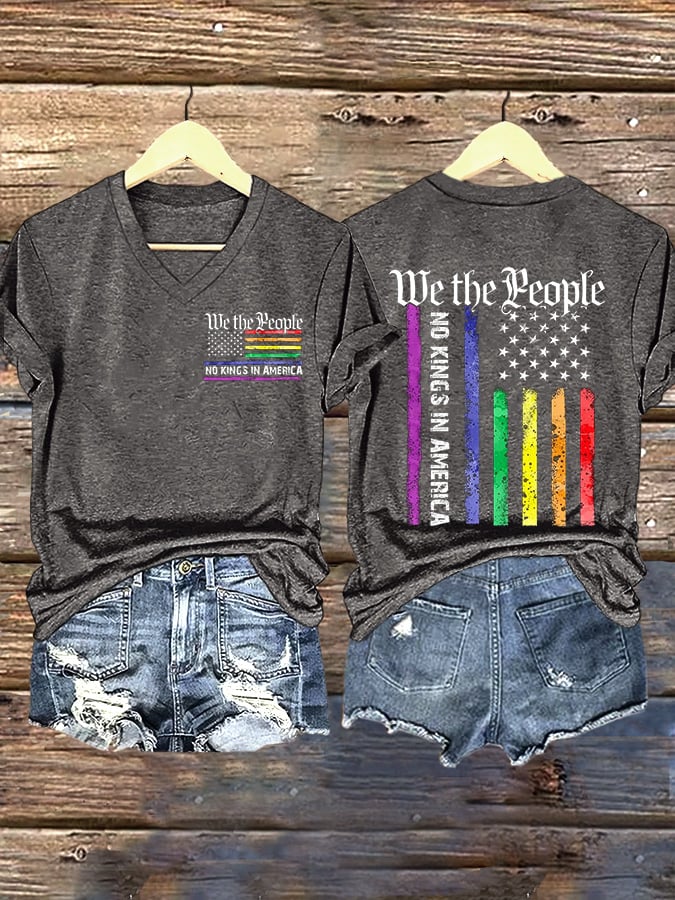 V-Neck Retro We The People No Kings In America Print T-Shirt