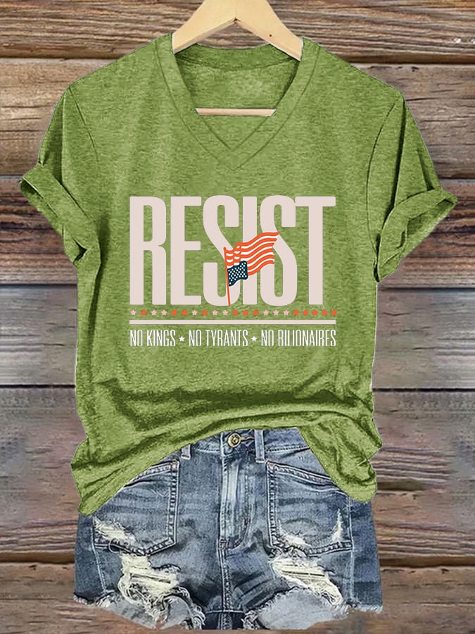 V-Neck Retro Resist No Kings No Tyrants No Billionaires Print T-Shirt