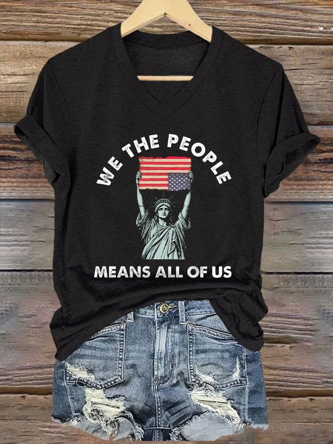 V-Neck Retro We The People Means All Of Us Print T-Shirt