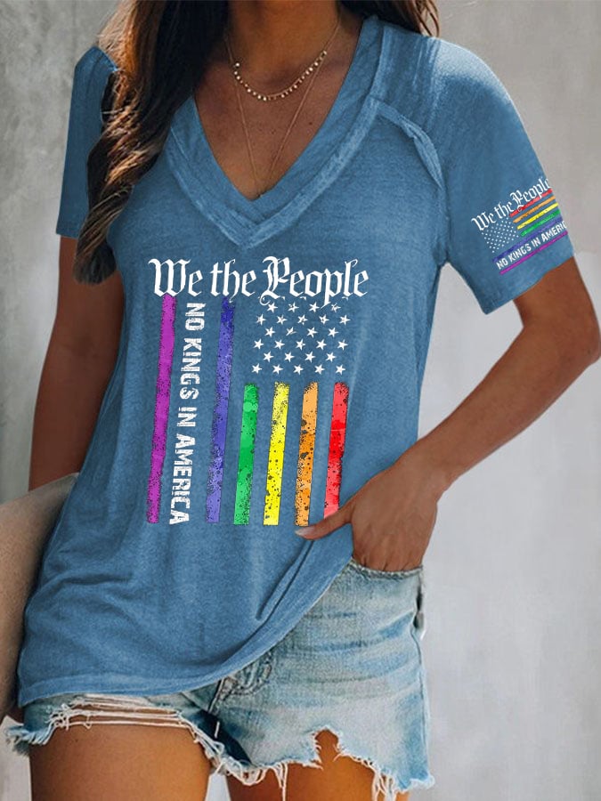 V-Neck Retro We The People No Kings In America Print T-Shirt