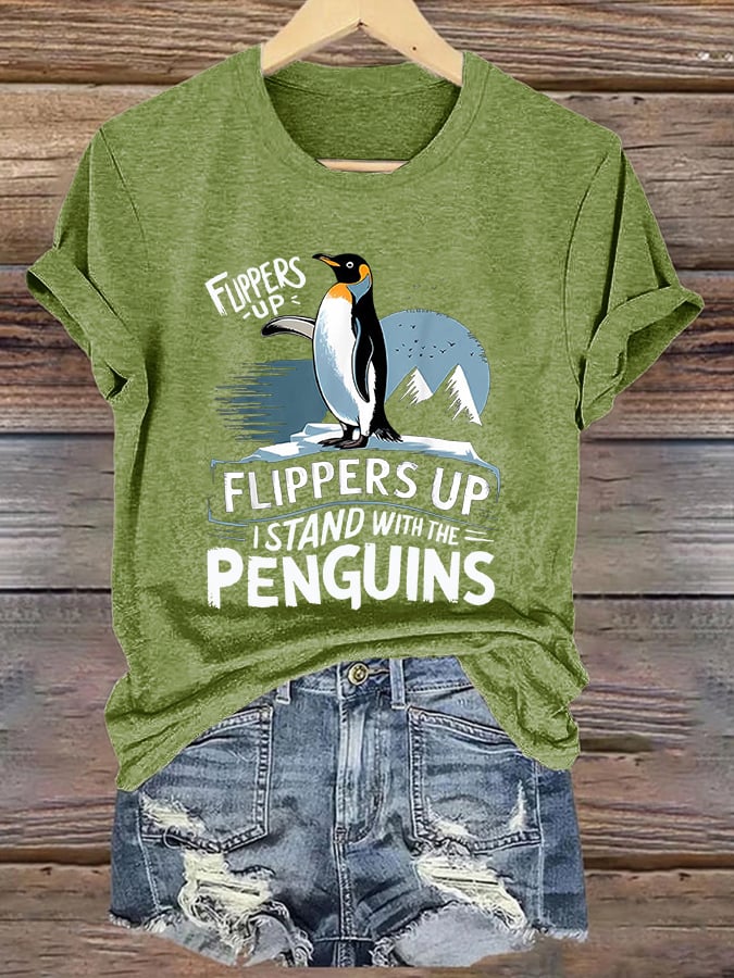 Women's Retro Penguins Flippers Up I Stand With The Penguins Print T-Shirt
