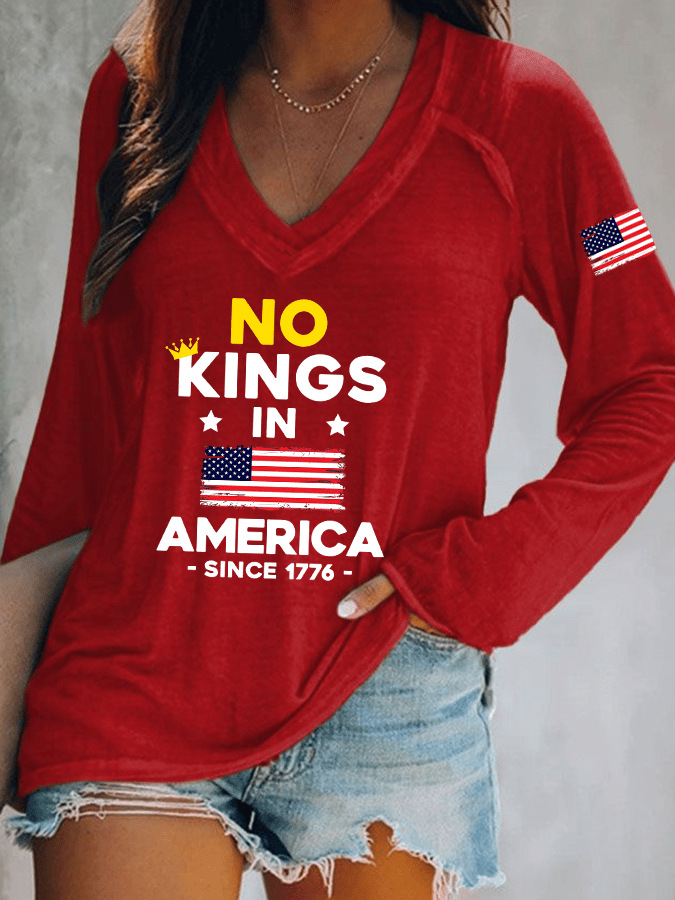 Women's No King In America Print V-Neck T-Shirt