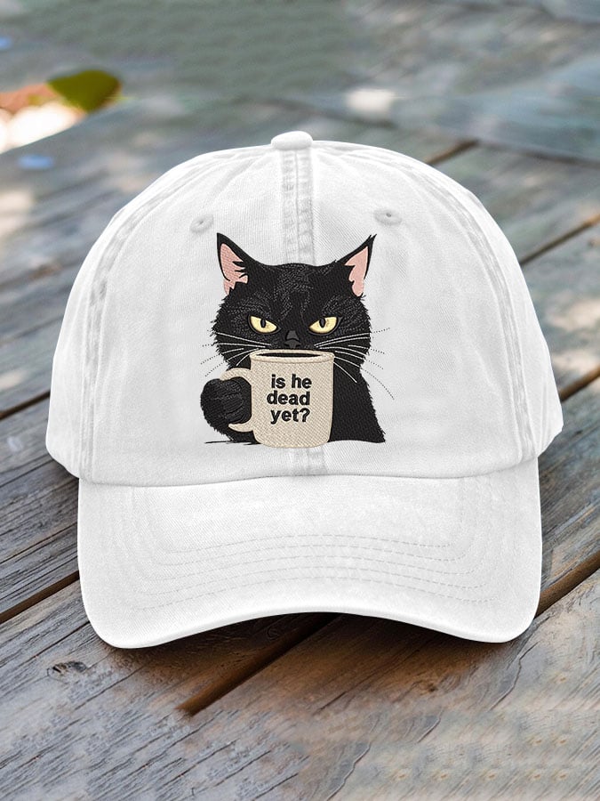 Unisex Washed Cotton Black Cat Is He Dead? Embroidered Hat