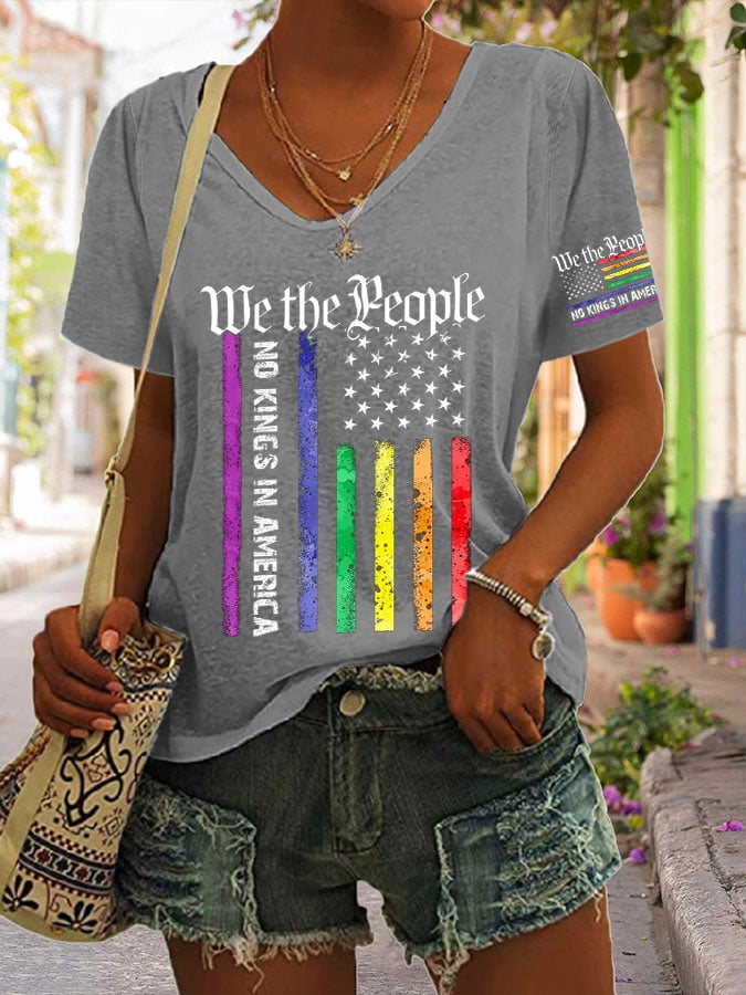 V-Neck Retro We The People No Kings In America Print T-Shirt